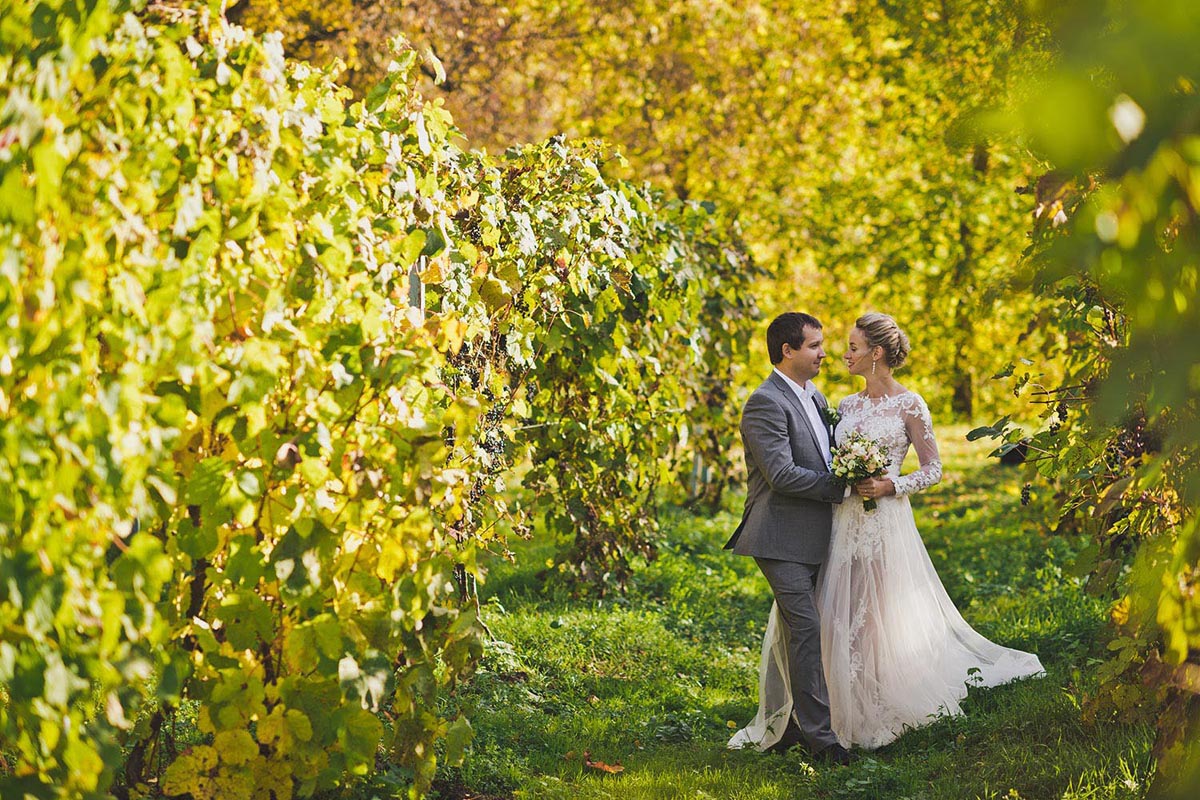 Bride and groom among seasonal leaves on a farm
