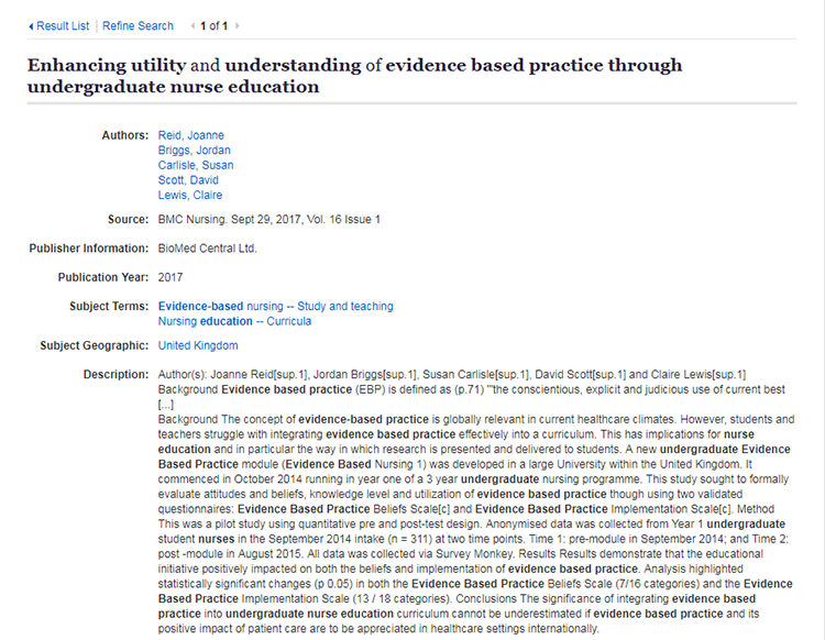 The figure provides an example of what an abstract looks like for a journal article in an online database, including a summary of the background, method, results, and conclusion.