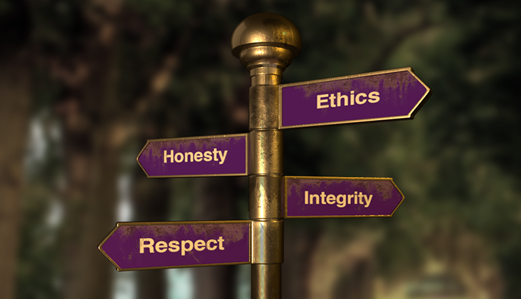 The figure shows a signpost that has four signs pointing in different directions indicating &quot;Ethics,&quot; &quot;Integrity,&quot; &quot;Honesty,&quot; and &quot;Respect.&quot;